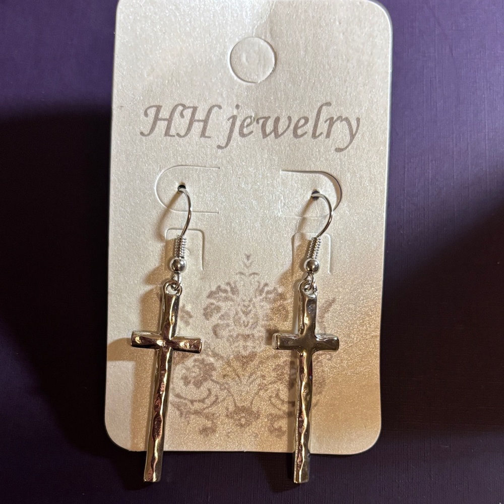HH Jewelry Hammered Silver Cross Drop Earrings - Goth Punk Style NWT